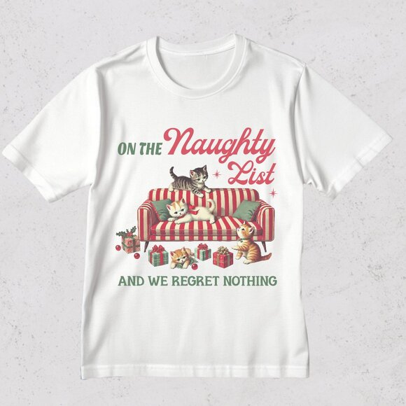 Cat Christmas Graphic Tee Funny Holiday Kitten Naughty List T-Shirt - Picture 5 of 7